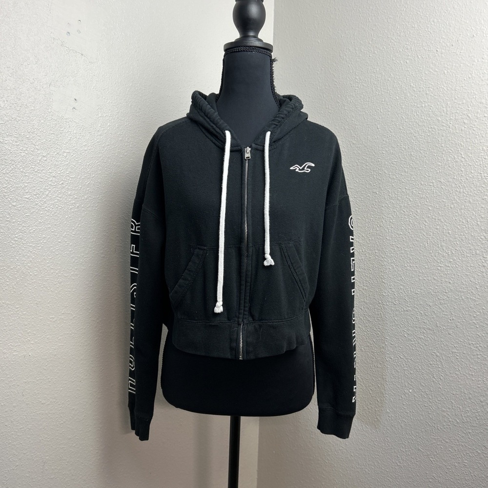 Y2K Hollister Spellout Sleeve Cropped Hoodie Women's XS Black Fleece Lined